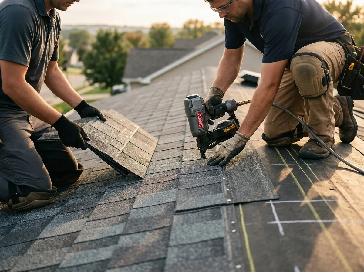 Professional roofer working on a residential roof in Massillon